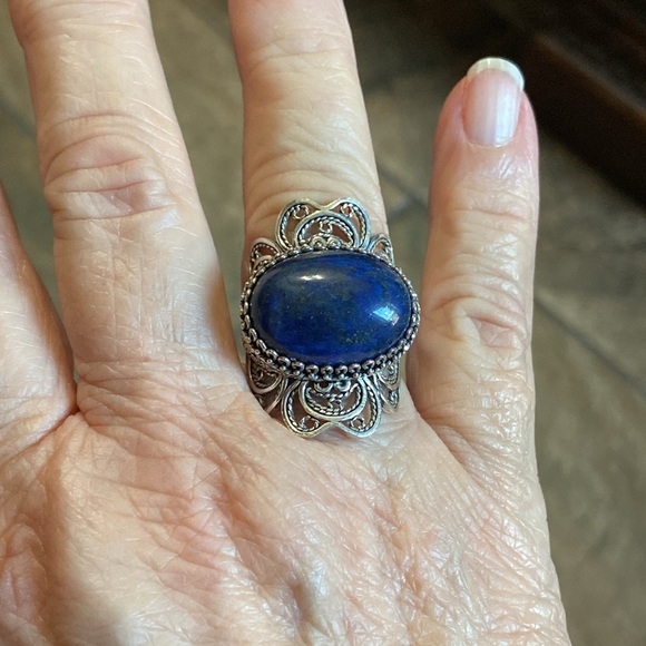 Genuine Lapis Lazuli Sterling Filigree Ring - Picture 9 of 11